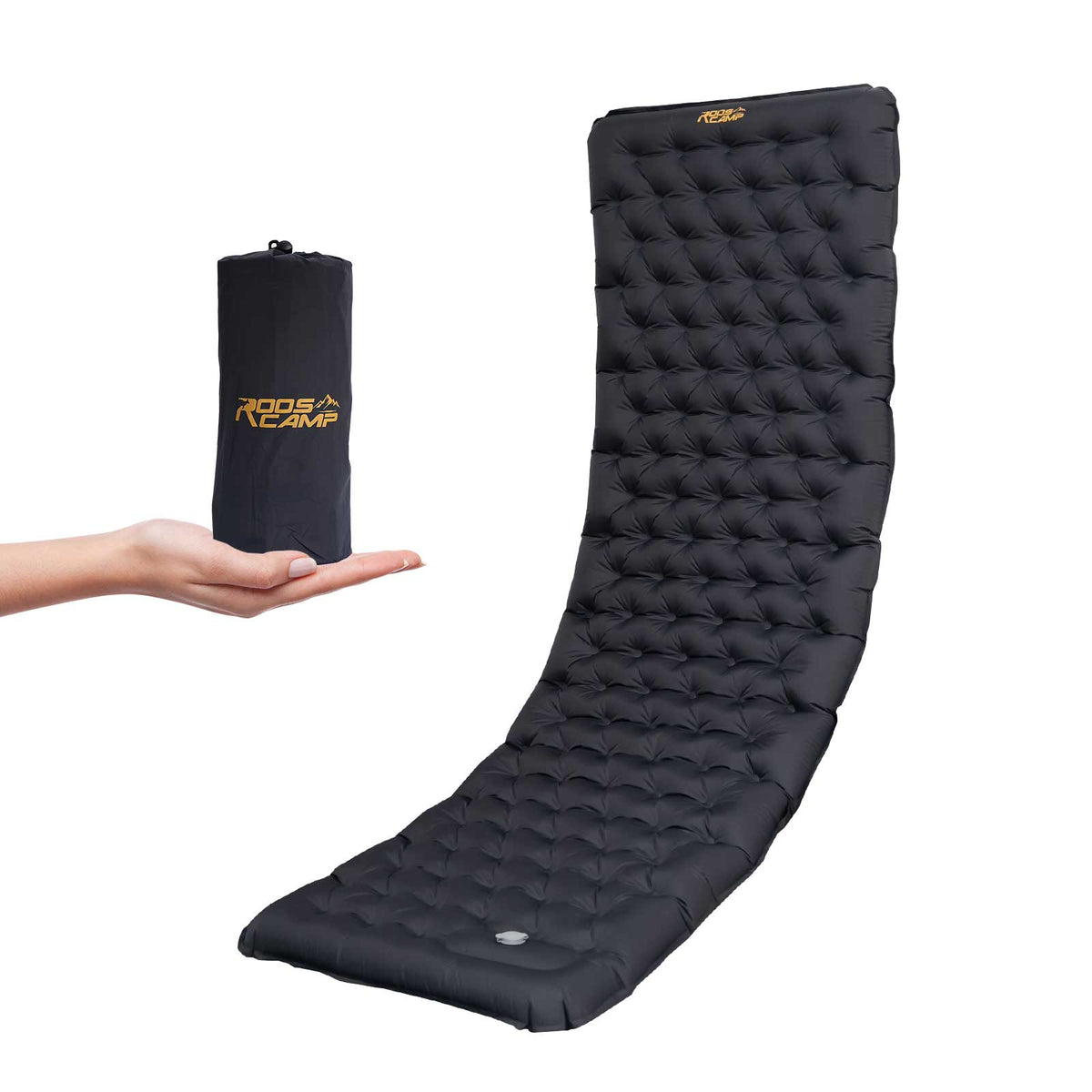 Roos Camp RoosPad Elite camping sleeping mat packed down into compact carry bag with compression straps, showing portable size for backpacking and travel
