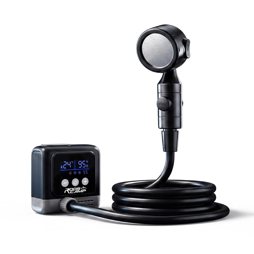 Roos Shower Pro Portable Outdoor Shower showing main pump unit with LCD display reading 24°C and 95% battery, connected to shower head via black hose with one-touch stop button