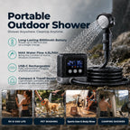 Roos Shower Pro Portable Outdoor Shower features overview: 8000mAh long-lasting battery for 180 minutes, 4.5L/min max water flow, USB-C rechargeable, compact and travel ready — shown in use for RV & van life, pet washing, sports gear rinse and camping shower