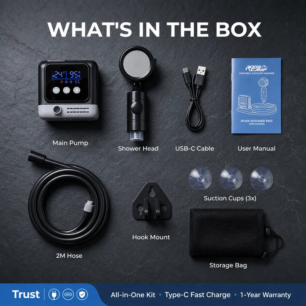 Roos Shower Pro complete kit contents: main pump, shower head, 2M hose, USB-C cable, hook mount, 3x suction cups, storage bag and user manual — all-in-one kit with Type-C fast charge and 1-year warranty