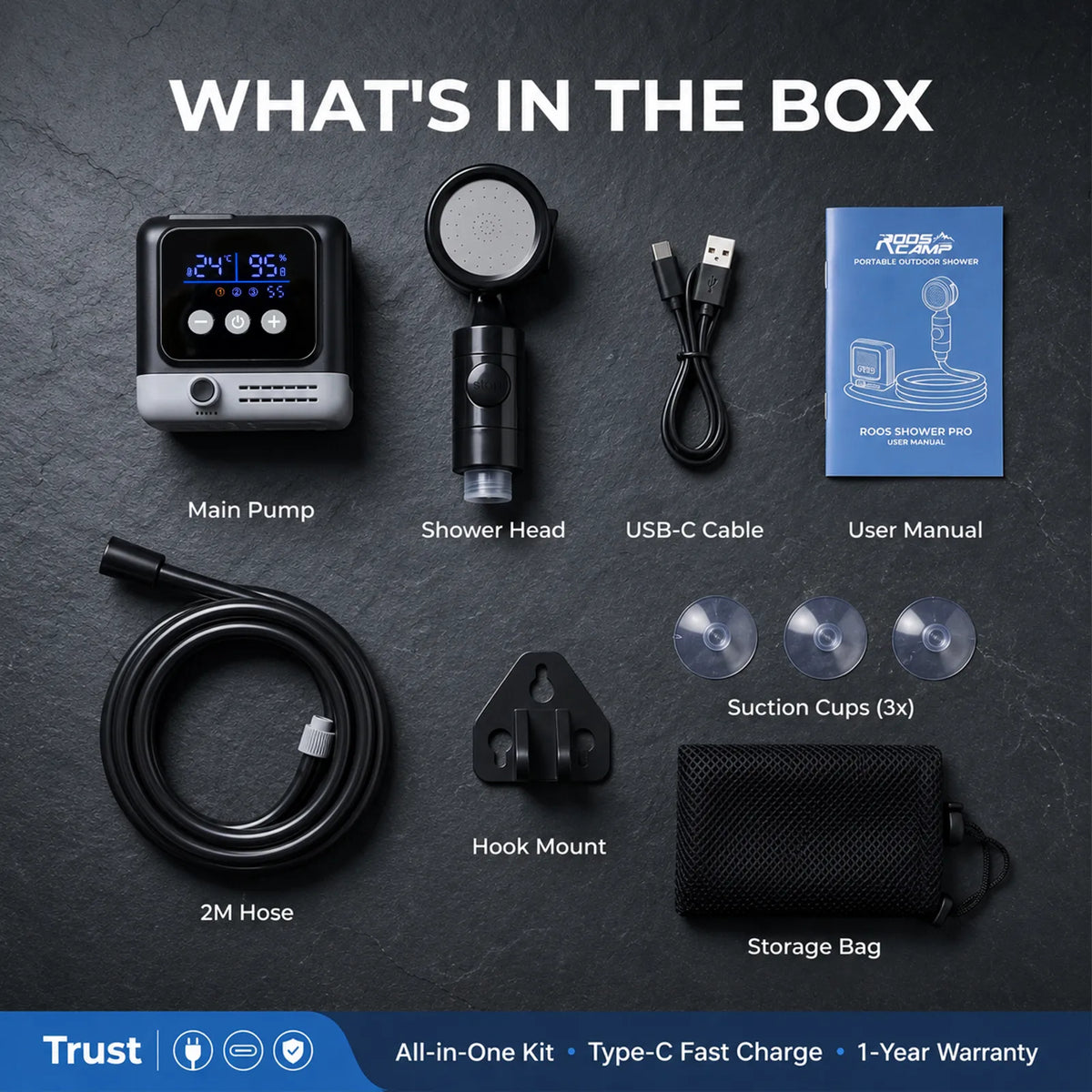 Roos Shower Pro complete kit contents: main pump, shower head, 2M hose, USB-C cable, hook mount, 3x suction cups, storage bag and user manual — all-in-one kit with Type-C fast charge and 1-year warranty