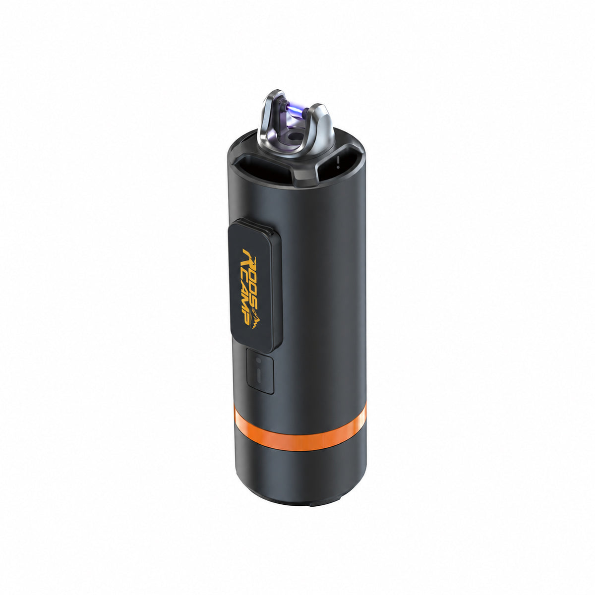Roos Camp Aero Pump Pro, a compact black camping air pump and electric arc lighter with an orange accent ring
