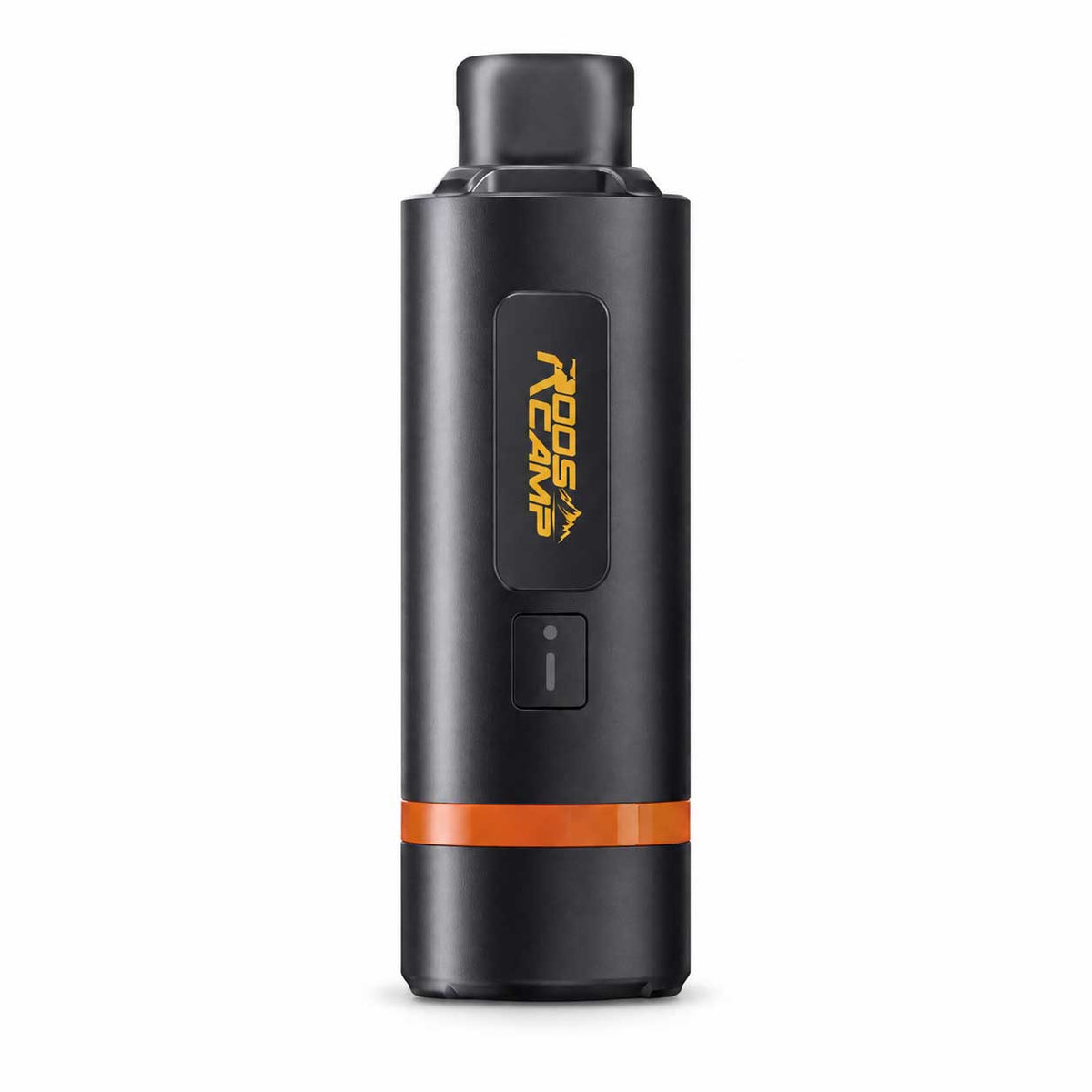 Upright studio image of the black Roos Camp Aero Pump Pro with an orange accent ring, showing its compact cylindrical design
