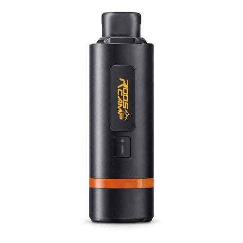Upright studio image of the black Roos Camp Aero Pump Pro with an orange accent ring, showing its compact cylindrical design
