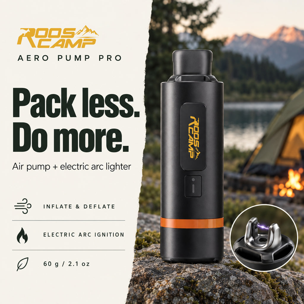 Roos Camp Aero Pump Pro standing on a rock at a lakeside campsite beside a tent and campfire
