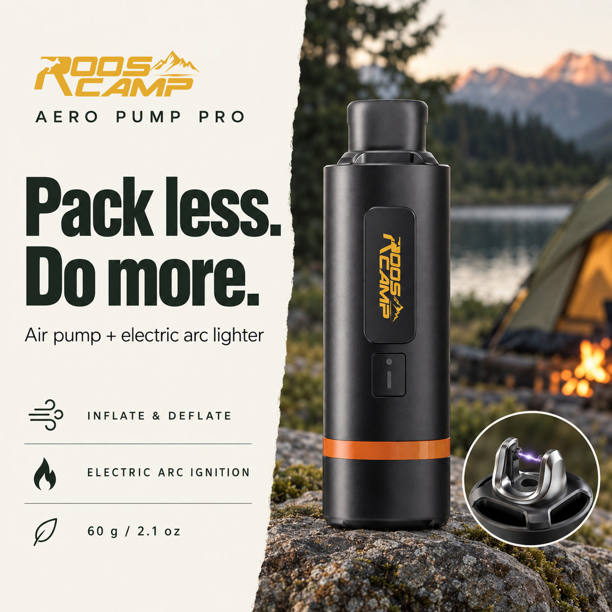 Roos Camp Aero Pump Pro standing on a rock at a lakeside campsite beside a tent and campfire
