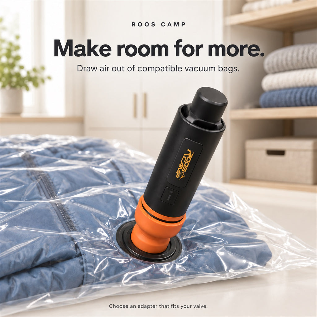 Roos Camp Aero Pump Pro drawing air from a vacuum storage bag filled with clothes
