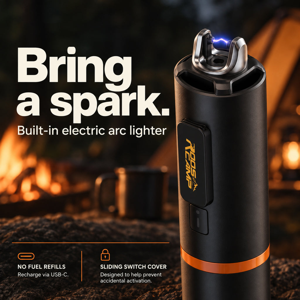 Close-up of the Roos Camp Aero Pump Pro’s built-in electric arc lighter producing a spark beside a campfire
