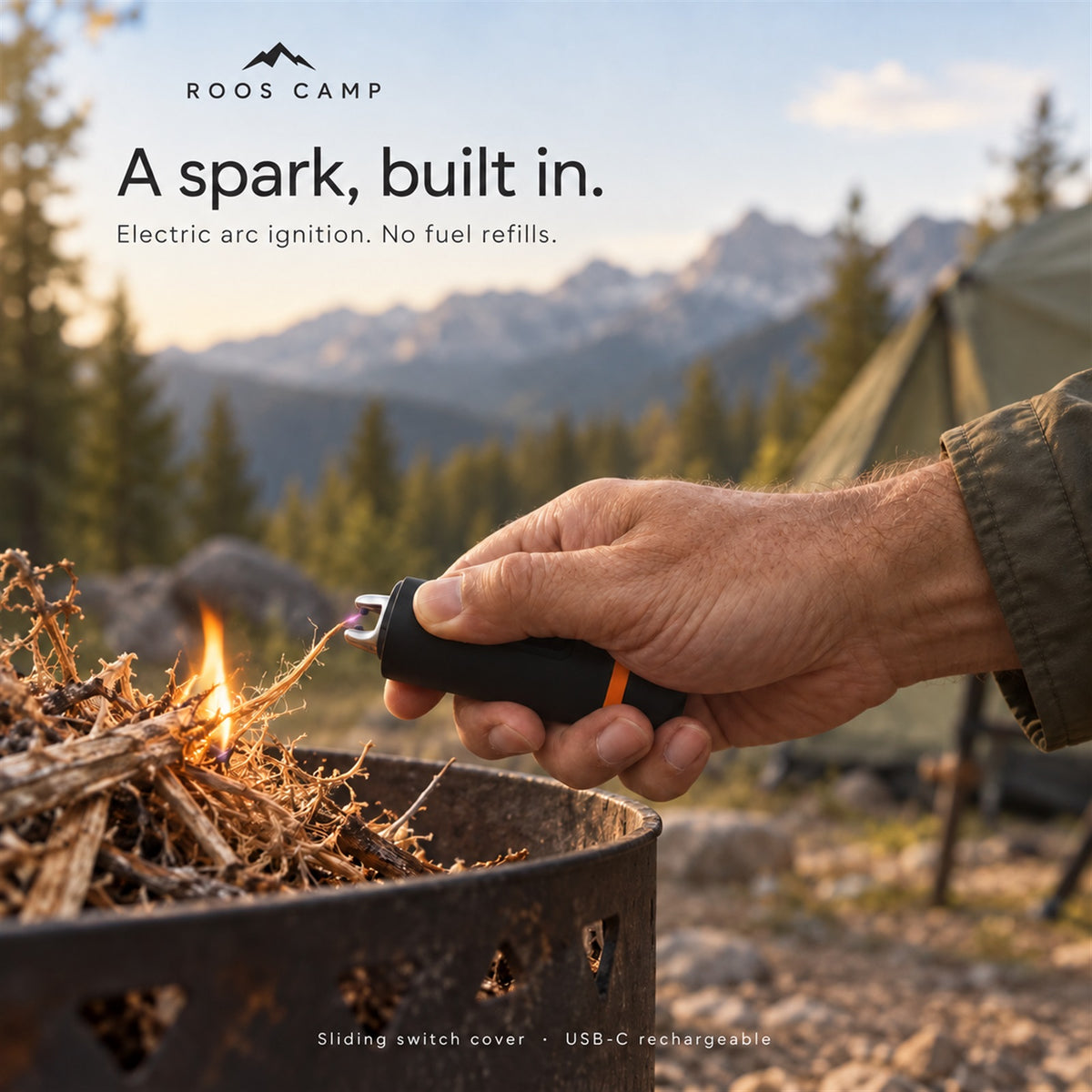 Hand using the Roos Camp Aero Pump Pro’s electric arc lighter to ignite tinder at an outdoor campsite
