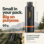 Roos Camp Aero Pump Pro shown with its 60g weight and 32.8 x 30.2 x 98.9 mm dimensions
