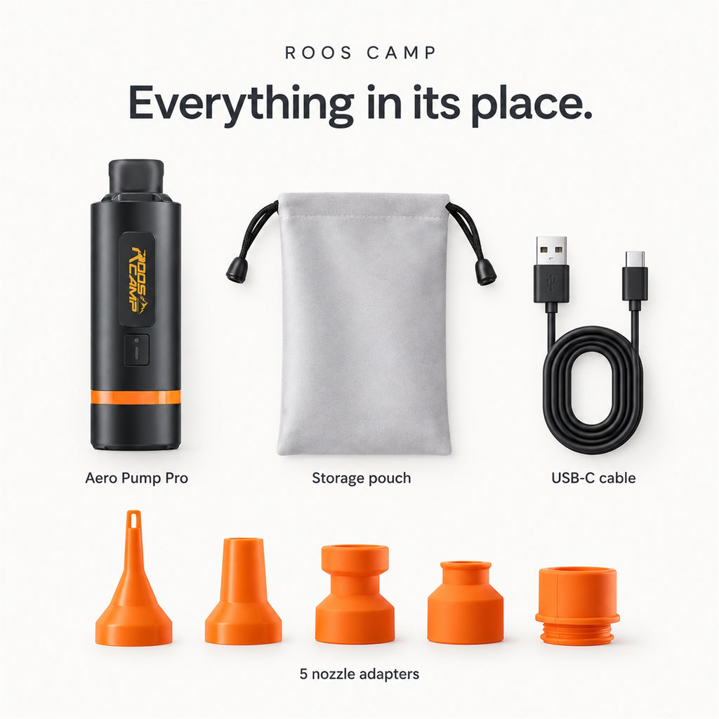 Roos Camp Aero Pump Pro arranged with its storage pouch, USB-C cable and five nozzle adapters
