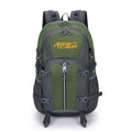 Roos Camp Outback 40 green 40L hiking backpack, front view, showing mesh side pockets, zip compartments and padded shoulder straps
