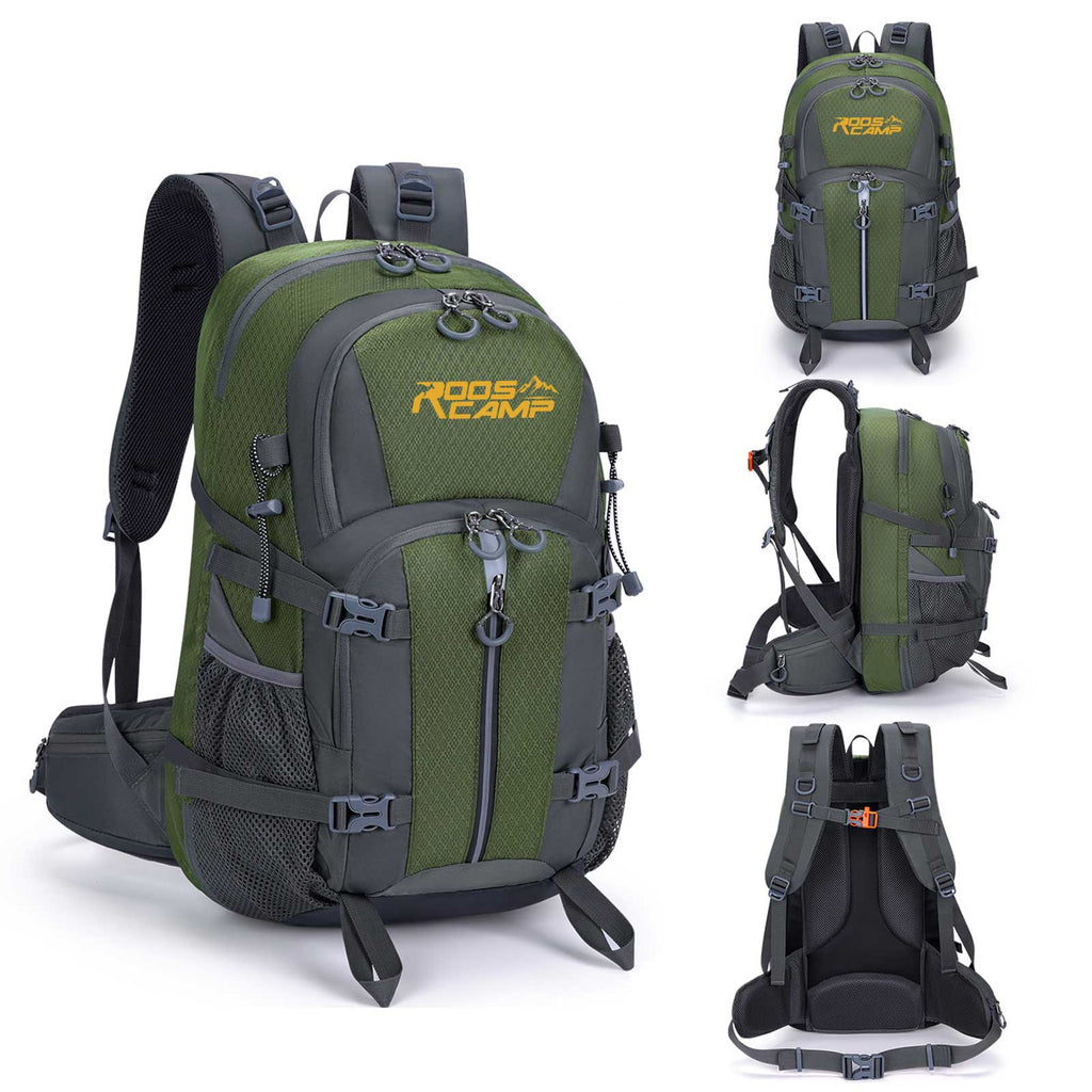 Roos Camp Outback 40 40L hiking backpack shown from four angles — front, back, side and rear — highlighting all-round design and strap system

