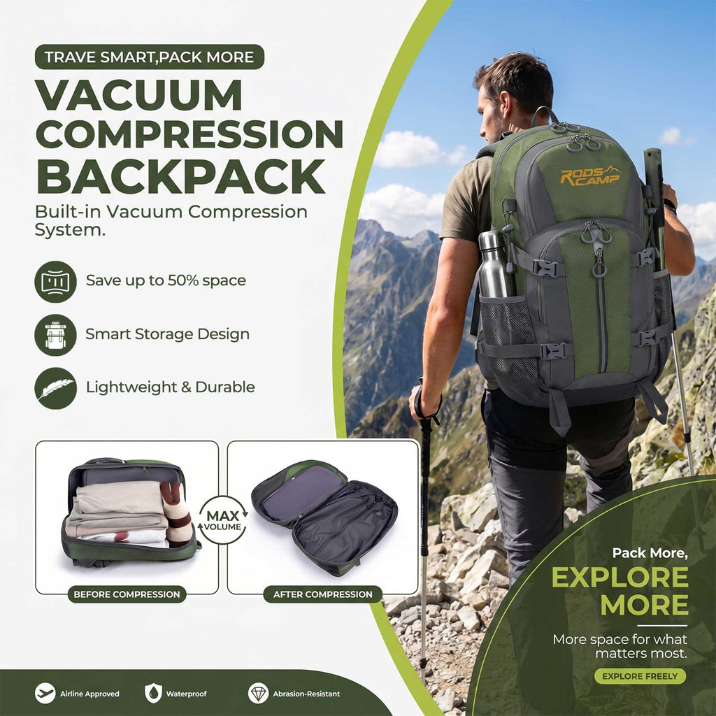 Roos Camp Outback 40 vacuum compression backpack worn by hiker in mountains, with before and after compression comparison showing 50% space saving

