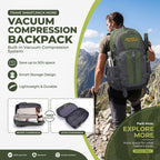 Roos Camp Outback 40 vacuum compression backpack worn by hiker in mountains, with before and after compression comparison showing 50% space saving
