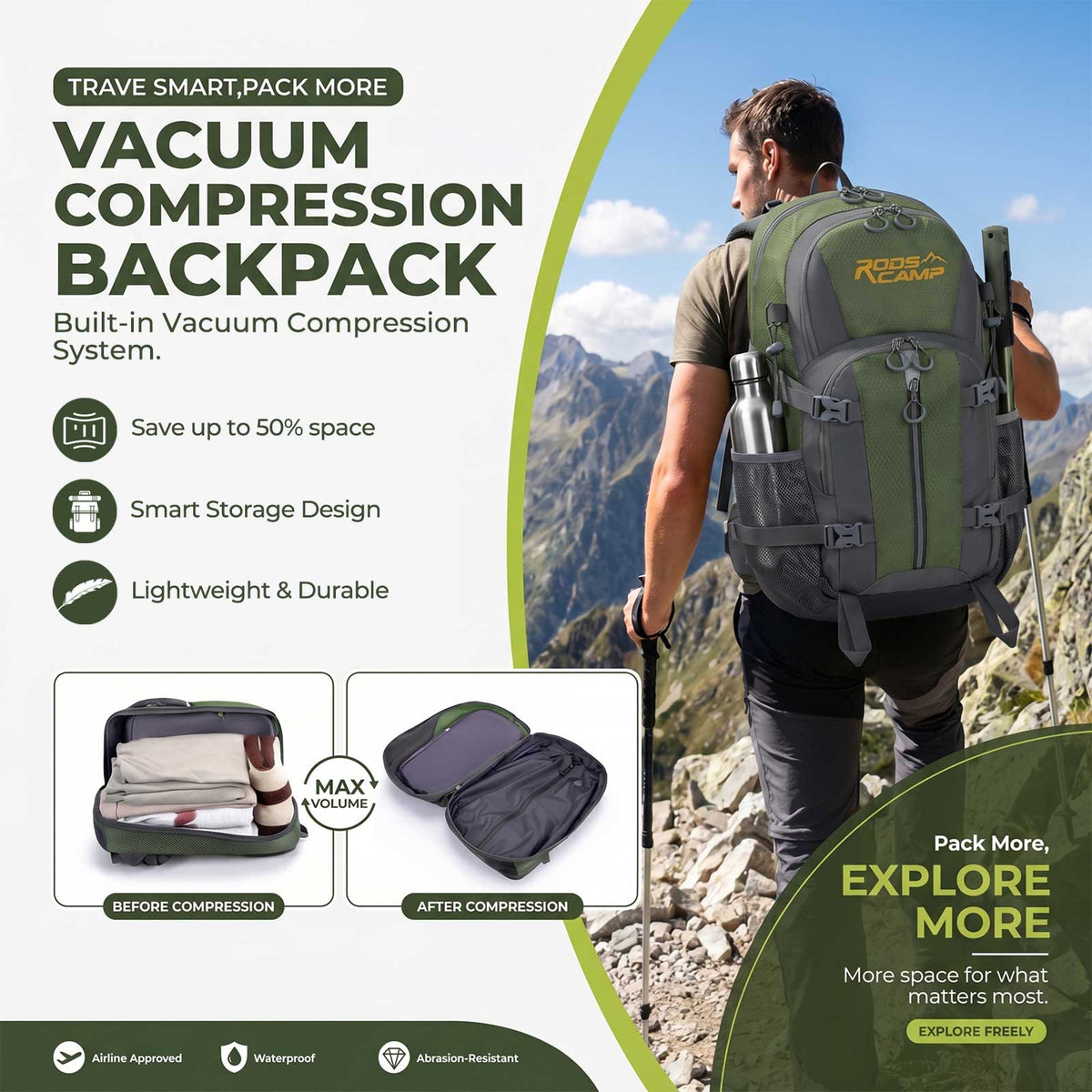 Roos Camp Outback 40 vacuum compression backpack worn by hiker in mountains, with before and after compression comparison showing 50% space saving
