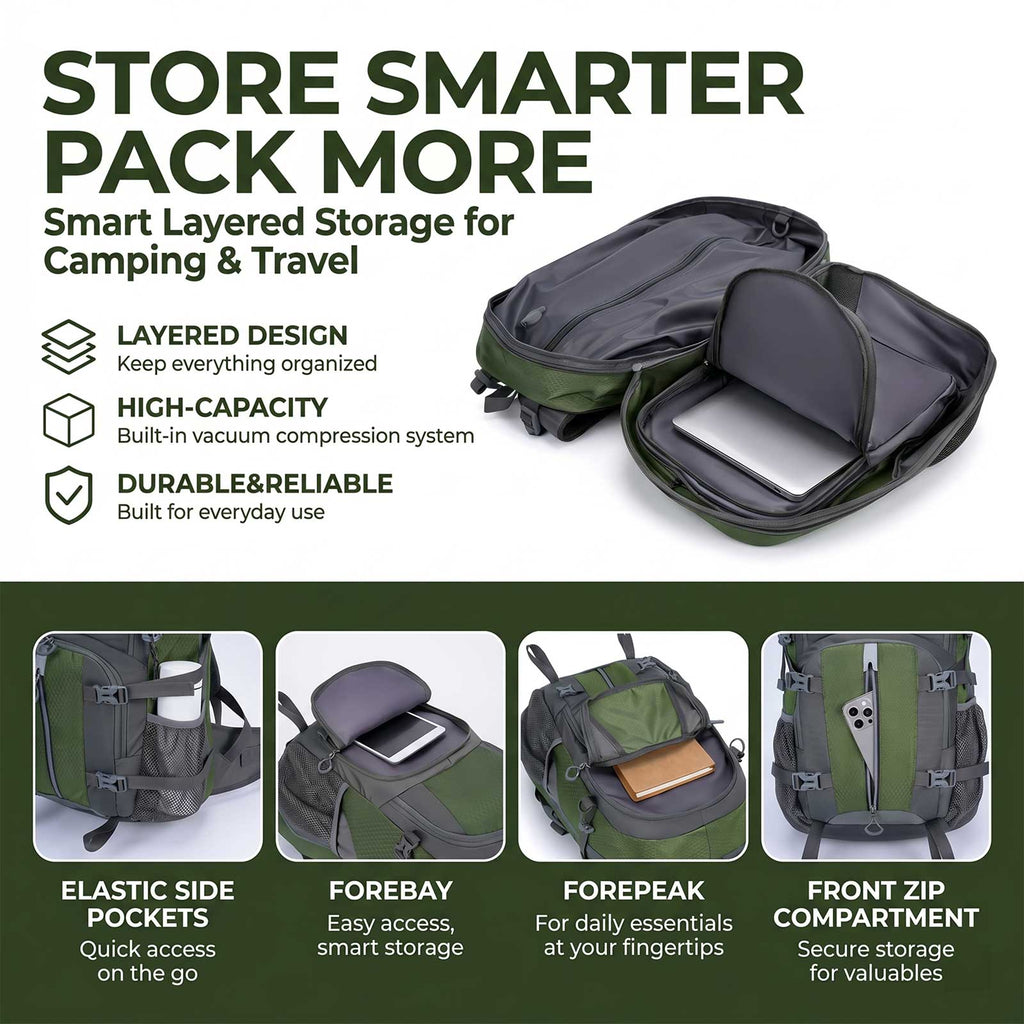 Roos Camp Outback 40 open backpack showing layered storage compartments, with close-ups of elastic side pockets, forebay, forepeak and front zip compartment
