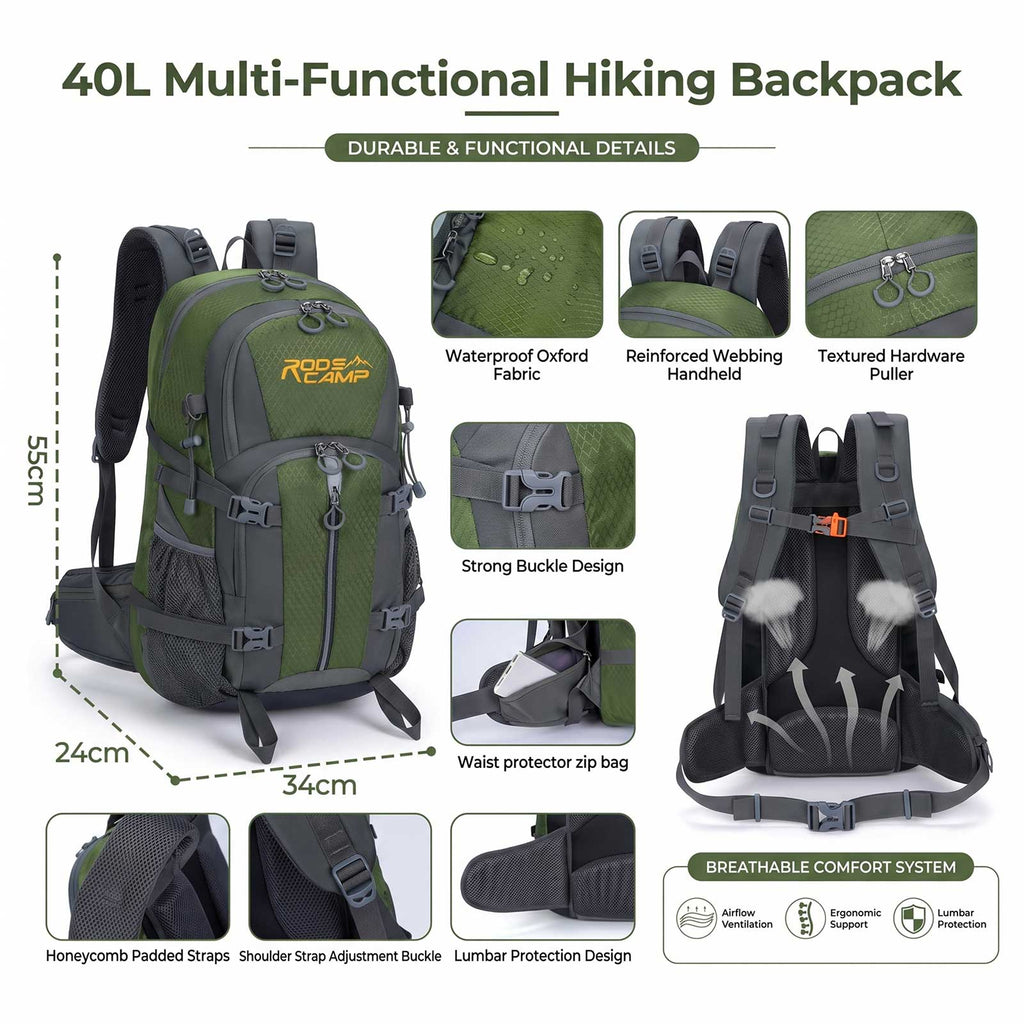 Roos Camp Outback 40 40L hiking backpack dimensions 55x34x24cm with detail shots of waterproof Oxford fabric, buckles, padded straps and breathable back system
