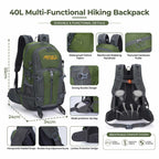 Roos Camp Outback 40 40L hiking backpack dimensions 55x34x24cm with detail shots of waterproof Oxford fabric, buckles, padded straps and breathable back system
