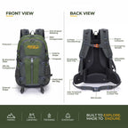 Roos Camp Outback 40 annotated front and back view diagram showing all features including S-shape shoulder strap, emergency whistle, breathable lumbar pad and SBS zip compartment
