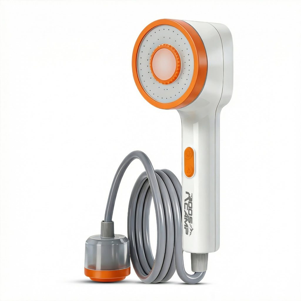 Roos Shower portable outdoor camping shower hero shot showing handheld shower head with orange trim and attached grey hose