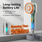 Roos Shower portable outdoor shower with transparent body showing internal battery and circuit, highlighting 90-minute runtime and USB-C Type-C charging capability