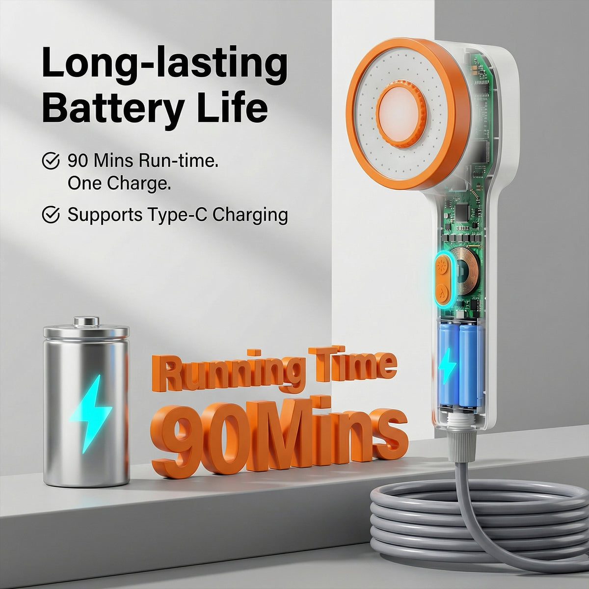 Roos Shower portable outdoor shower with transparent body showing internal battery and circuit, highlighting 90-minute runtime and USB-C Type-C charging capability