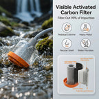 Roos Shower activated carbon filter submerged in natural stream water, with diagram showing triple-layer purification filtering out chlorine, heavy metals, odours, and water microbes