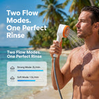 Man using Roos Shower portable shower head on a tropical beach, showing two flow modes: Strong Mode at 2L/min and Soft Mode at 1.5L/min