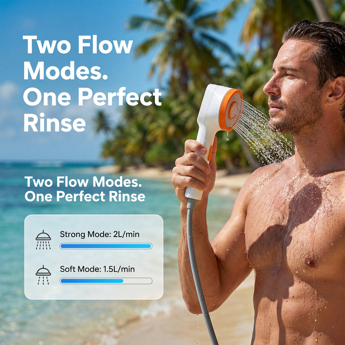 Man using Roos Shower portable shower head on a tropical beach, showing two flow modes: Strong Mode at 2L/min and Soft Mode at 1.5L/min