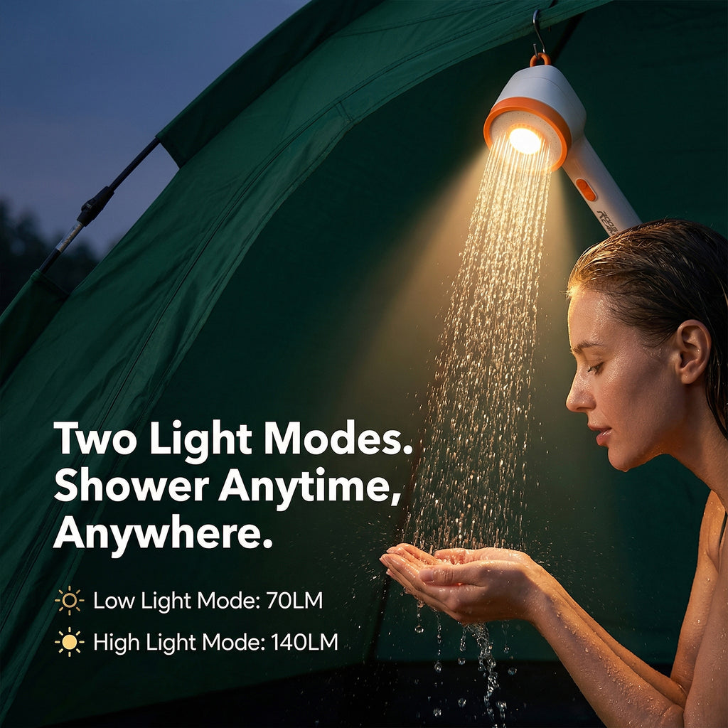 Woman showering outdoors at night using Roos Shower hung from a tent with built-in LED light, showing Low Light Mode 70LM and High Light Mode 140LM