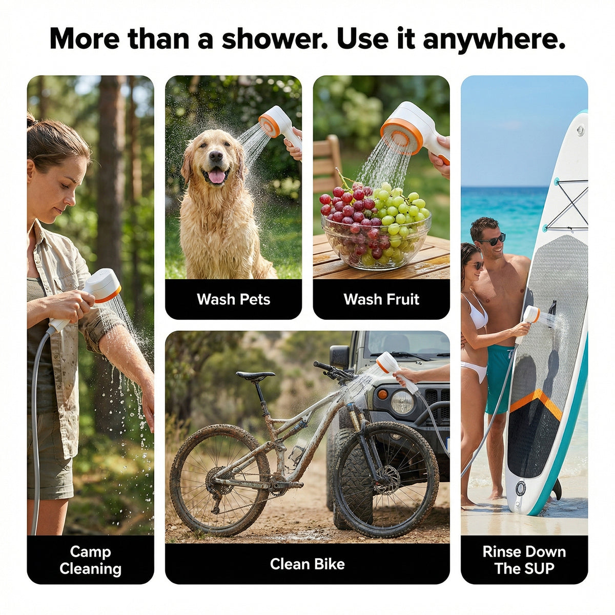 Roos Shower portable outdoor shower being used for multiple purposes including camp cleaning, washing pets, rinsing fruit, cleaning a bike, and rinsing down a SUP paddleboard