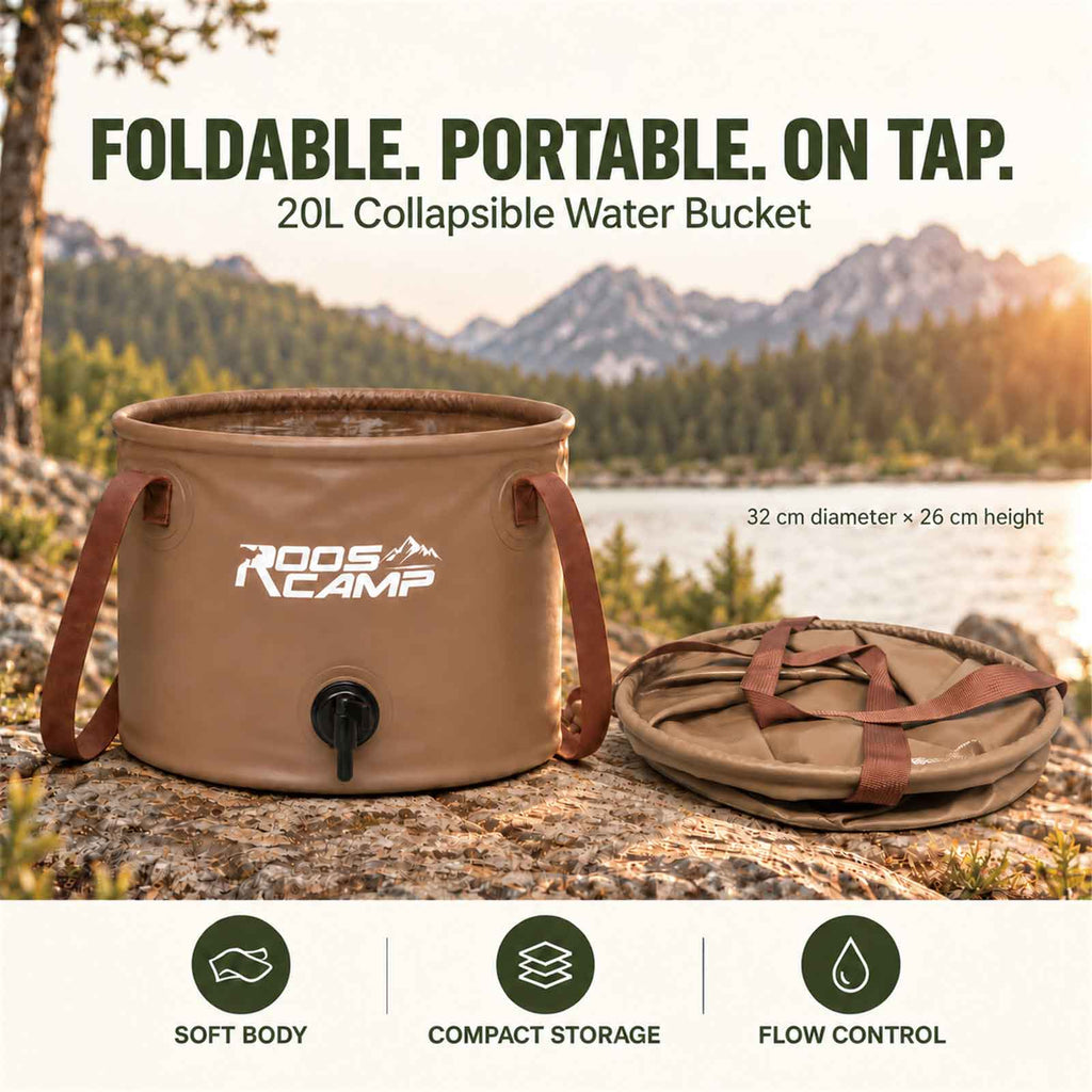 Roos Camp 20L collapsible water bucket filled beside its folded form, showing the soft body, compact storage, flow-control tap and 32cm diameter by 26cm height

