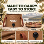 Roos Camp 20L collapsible water bucket with dimensions, folded-flat storage view, soft flexible body, webbing carry handles and downward outlet tap