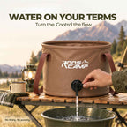 Roos Camp collapsible water bucket dispensing water through its built-in spigot into a basin at an outdoor campsite
