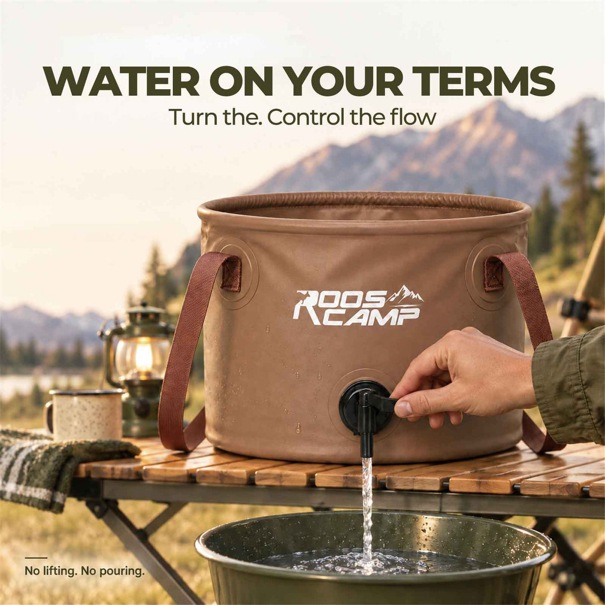 Roos Camp collapsible water bucket dispensing water through its built-in spigot into a basin at an outdoor campsite
