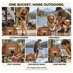 Roos Camp 20L collapsible water bucket shown in use for an outdoor shower, dog paw rinse, fruit washing, paddleboard rinse and campsite washing; shower equipment not included