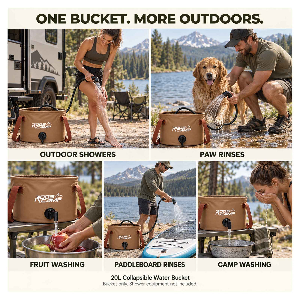 Roos Camp 20L collapsible water bucket shown in use for an outdoor shower, dog paw rinse, fruit washing, paddleboard rinse and campsite washing; shower equipment not included