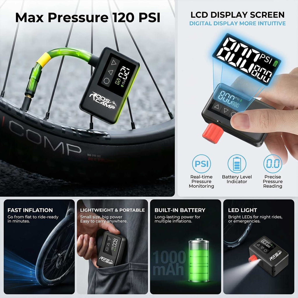 RoosCamp Air Master LT Bike Pump inflating a road bike tyre showing 120 PSI max pressure, LCD display with real-time pressure monitoring, battery level indicator, fast inflation, lightweight portable design, 1000mAh built-in battery and LED light features