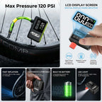 RoosCamp Air Master LT Bike Pump inflating a road bike tyre showing 120 PSI max pressure, LCD display with real-time pressure monitoring, battery level indicator, fast inflation, lightweight portable design, 1000mAh built-in battery and LED light features