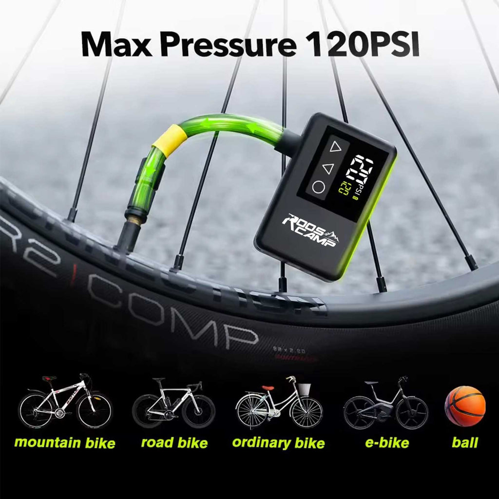 RoosCamp Air Master LT Bike Pump connected to road bike tyre showing 120 PSI max pressure compatibility with mountain bike, road bike, ordinary bike, e-bike and ball