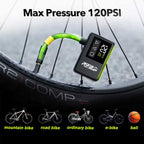 RoosCamp Air Master LT Bike Pump connected to road bike tyre showing 120 PSI max pressure compatibility with mountain bike, road bike, ordinary bike, e-bike and ball