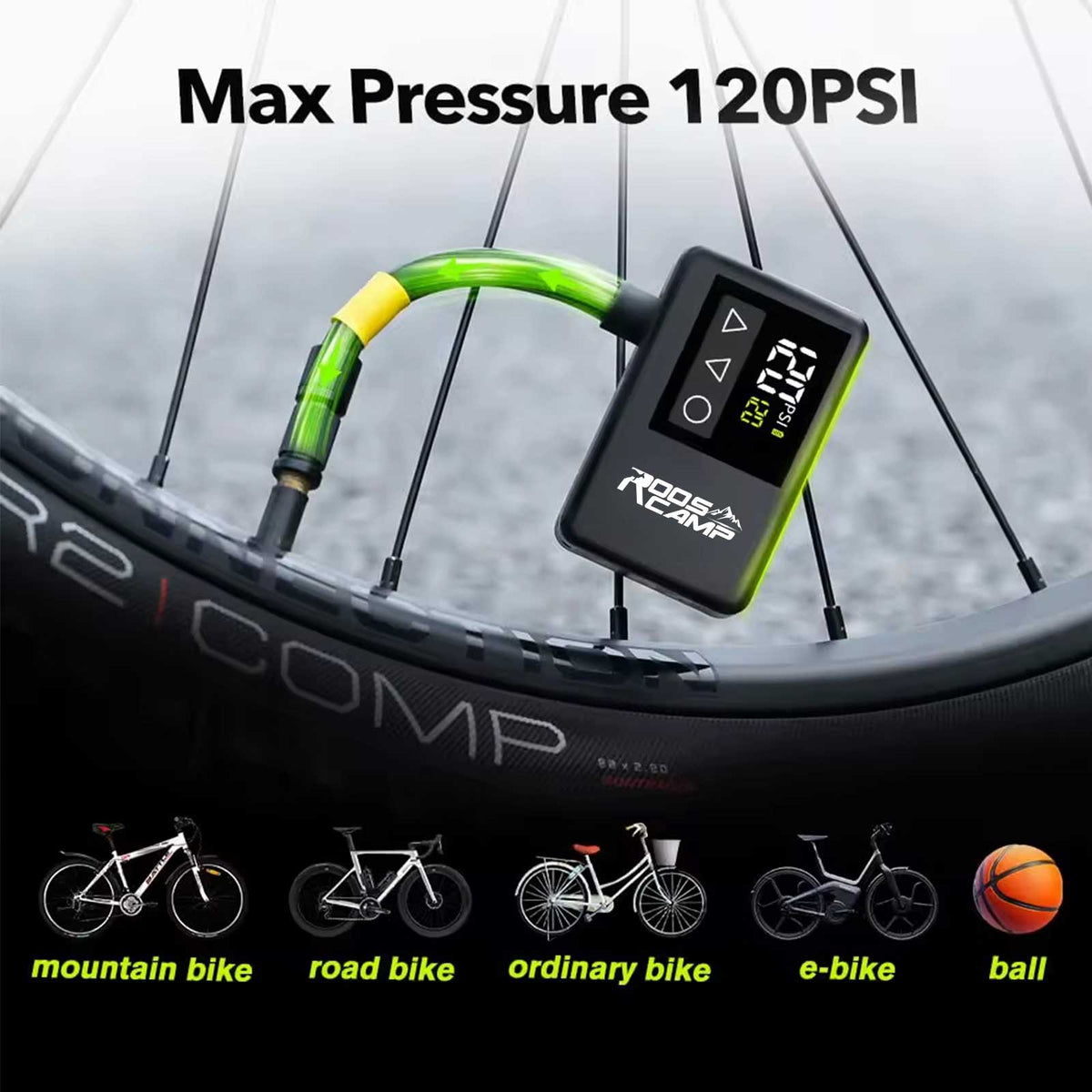 RoosCamp Air Master LT Bike Pump connected to road bike tyre showing 120 PSI max pressure compatibility with mountain bike, road bike, ordinary bike, e-bike and ball