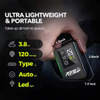 RoosCamp Air Master LT Bike Pump dimensions 2.8 x 1.7 x 1.2 inches, weight 3.8oz, 120 PSI max, USB-C charging, auto shut-off and LED light specifications