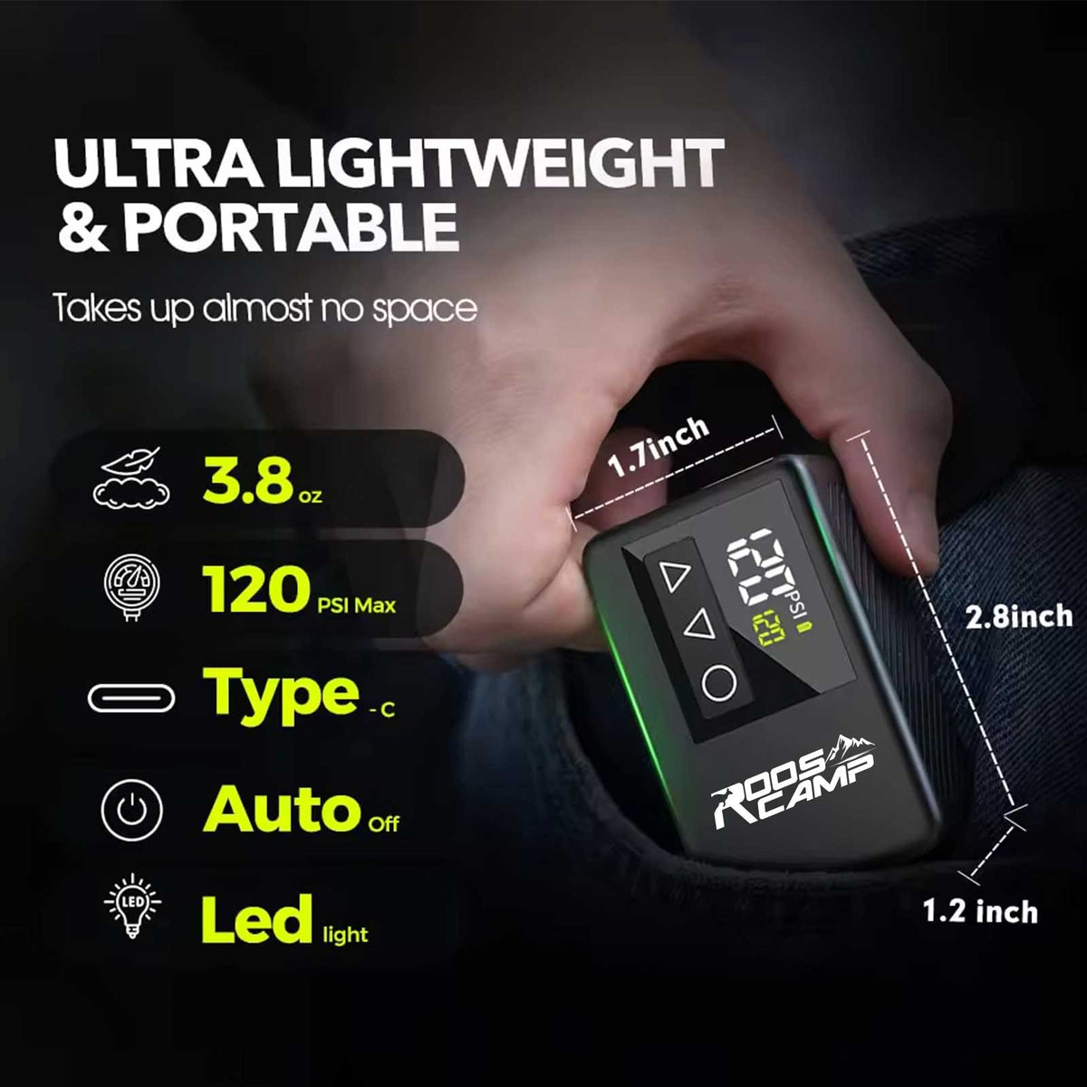 RoosCamp Air Master LT Bike Pump dimensions 2.8 x 1.7 x 1.2 inches, weight 3.8oz, 120 PSI max, USB-C charging, auto shut-off and LED light specifications