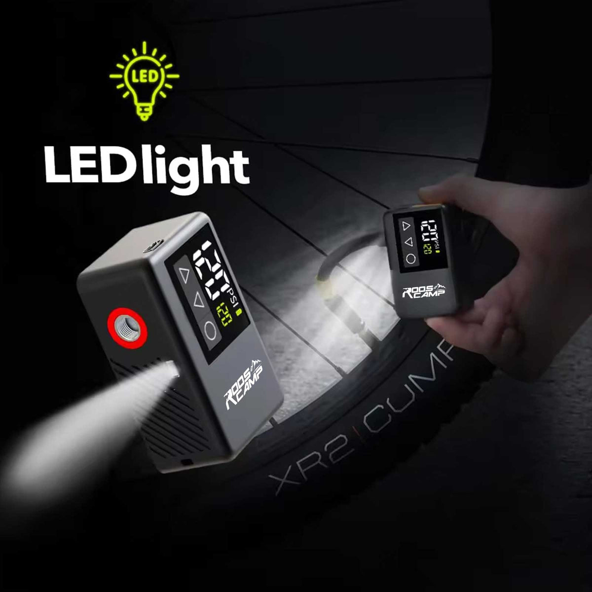 RoosCamp Air Master LT Bike Pump LED light illuminating a bike tyre in the dark, showing bright emergency lighting capability