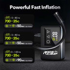 RoosCamp Air Master LT Bike Pump inflation speed chart showing 700x25c tyre inflated 0–80 PSI in under 50 seconds and 0–120 PSI in under 90 seconds