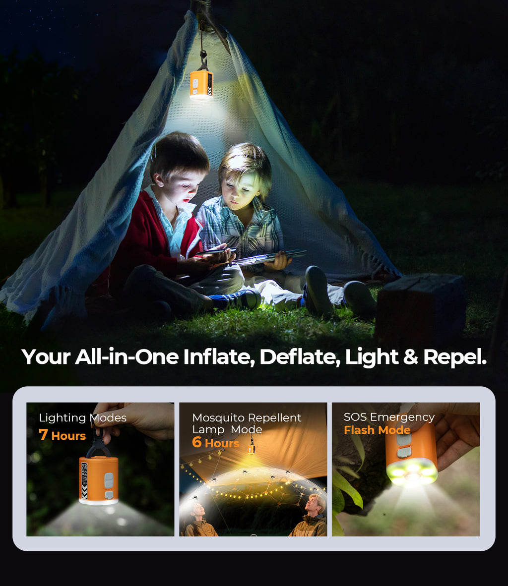 RoosCamp Air Master SL all-in-one inflate, deflate, light and repel - 7 hour lighting and 6 hour mosquito repellent mode
