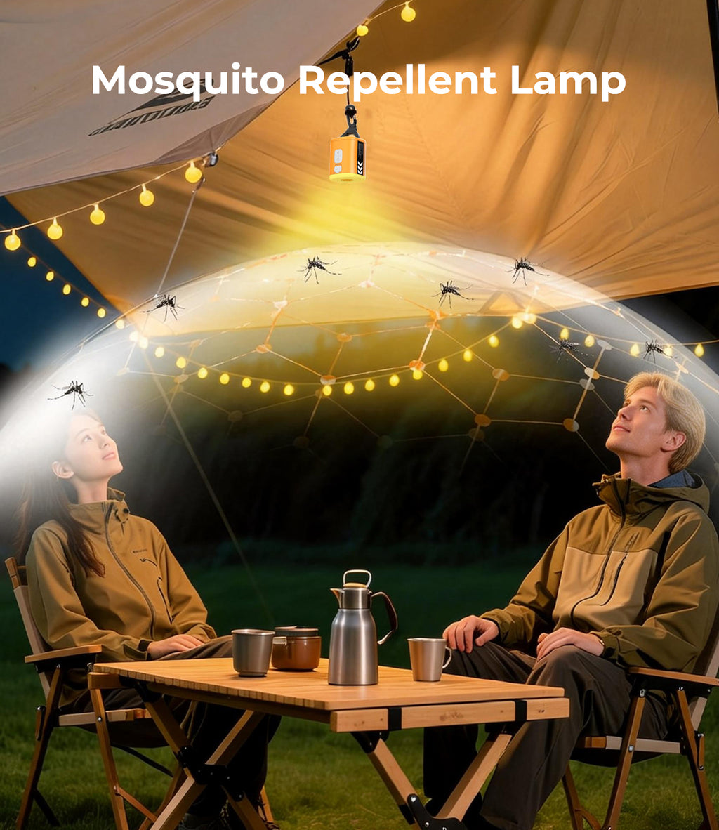 RoosCamp Air Master SL mosquito repellent lamp mode hanging in tent with two campers