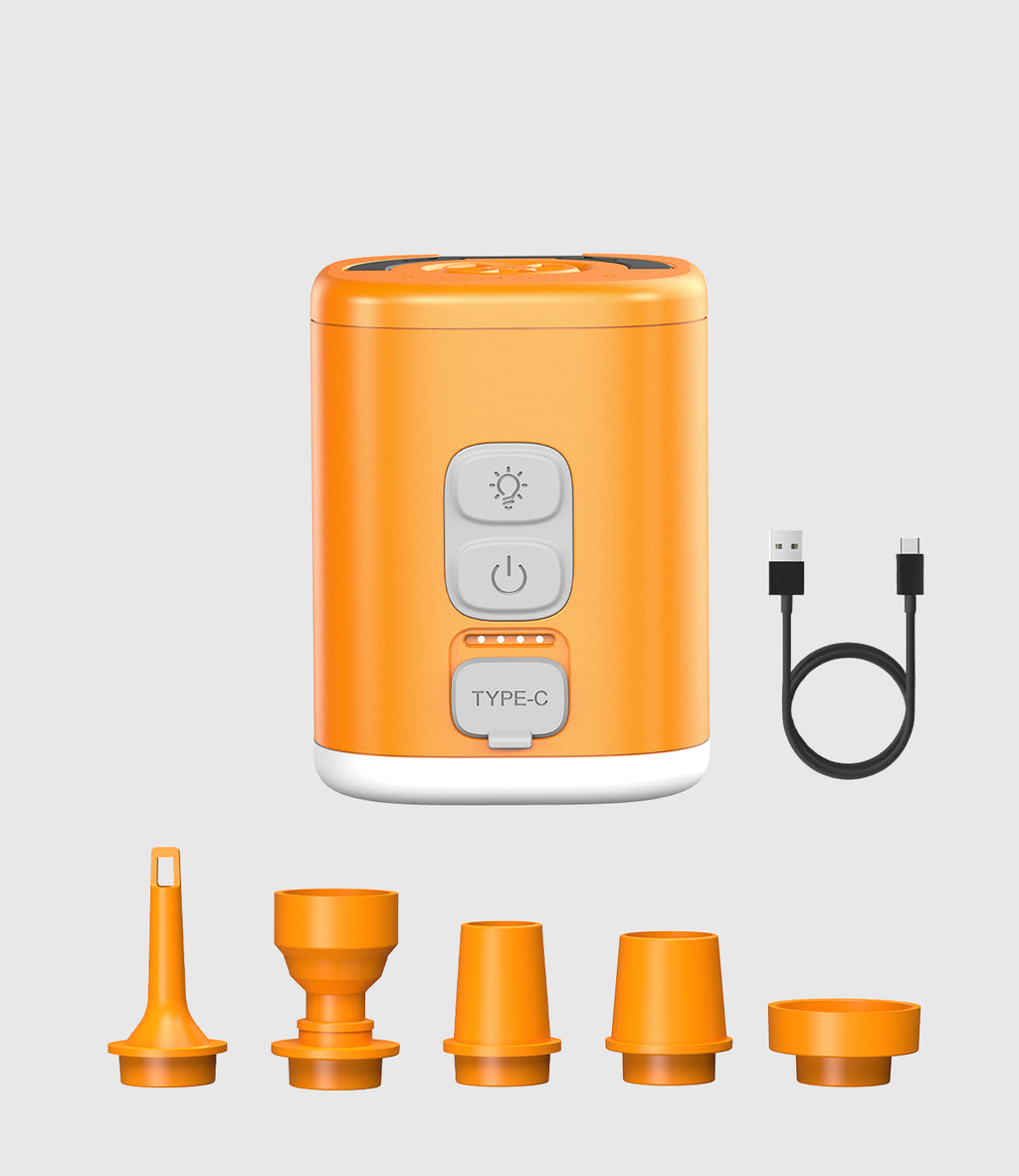 RoosCamp Air Master SL pump with USB-C cable and 5 nozzle attachments included in box
